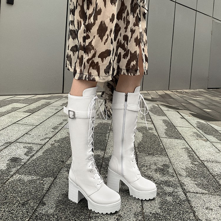 Women Round Toe Side Zippers Buckle Straps Block Chunky Heel Platform Tall Boots