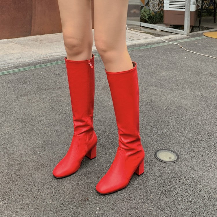 Women Side Zippers Block Heel Platform Tall Boots