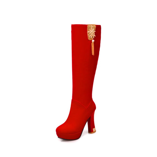 Women Flock Rhinestone Tassel Side Zippers Spool Heel Platform Knee High Boots