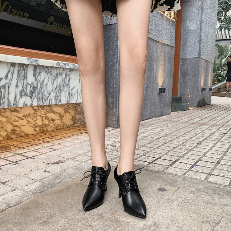 Women Pointed Toe Lace Up Stiletto Heel Ankle Boots