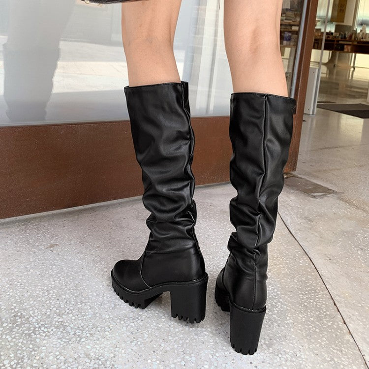 Women Round Toe Block Chunky Heel Platform Tall Boots