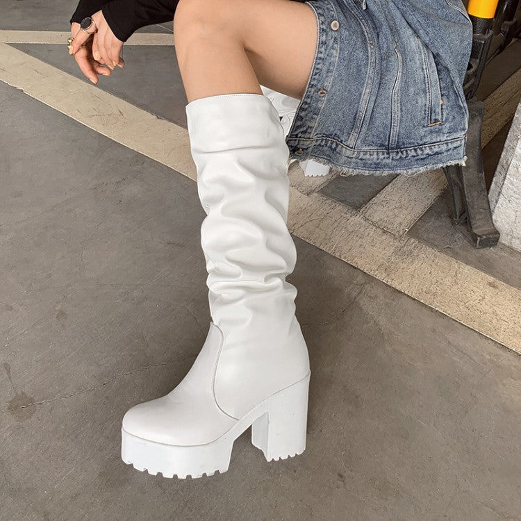 Women Round Toe Block Chunky Heel Platform Tall Boots