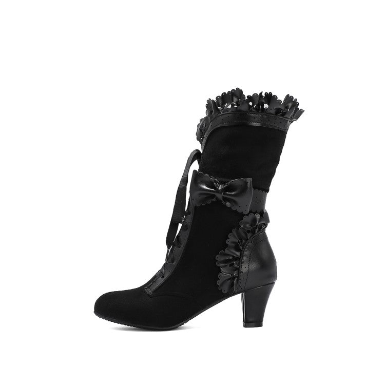 Women Carved Pu Leather Pointed Toe Ruffles Lace Up Bow Tie Puppy Heel Ankle Boots