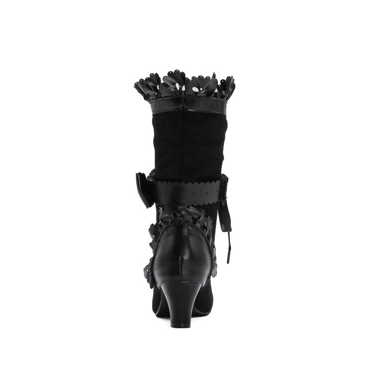 Women Carved Pu Leather Pointed Toe Ruffles Lace Up Bow Tie Puppy Heel Ankle Boots