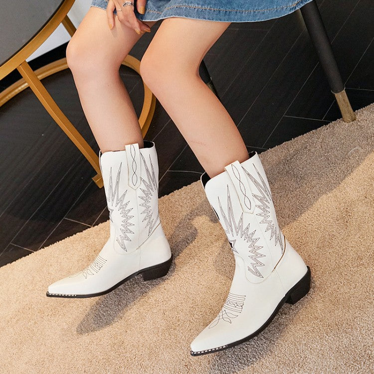 Women Embroidery Pointed Toe Low Heels Cowboy Mid Calf Boots