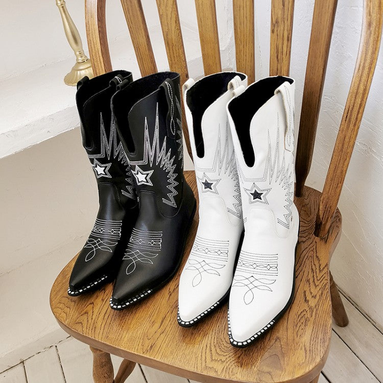 Women Embroidery Pointed Toe Low Heels Cowboy Mid Calf Boots