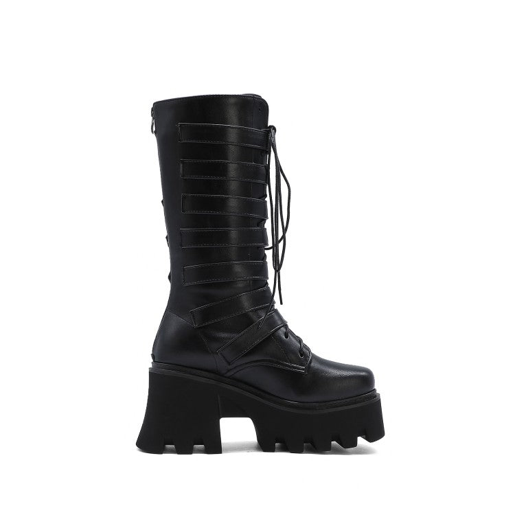 Women Pu Leather Lace Up Buckle Straps Block Chunky Heel Platform Mid-calf Boots