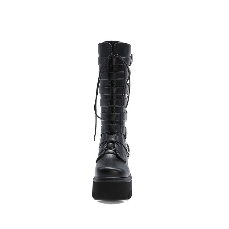 Women Pu Leather Lace Up Buckle Straps Block Chunky Heel Platform Mid-calf Boots