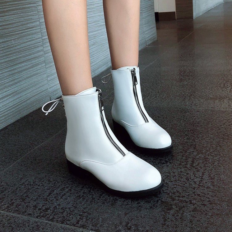 Women Pu Leather Back Tied Straps Zippers Block Chunky Heel Platform Ankle Boots