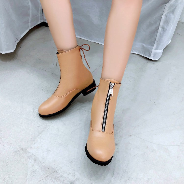 Women Pu Leather Back Tied Straps Zippers Block Chunky Heel Platform Ankle Boots