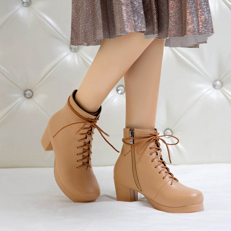 Women Pu Leather Round Toe Lace Up Side Zippers Block Chunky Heel Platform Ankle Boots