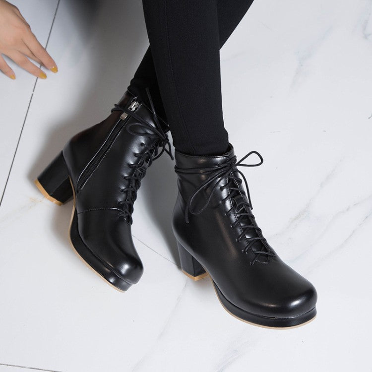 Women Pu Leather Round Toe Lace Up Side Zippers Block Chunky Heel Platform Ankle Boots