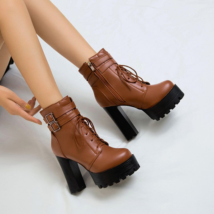 Women Pu Leather Almond Toe Lace Up Buckle Straps Block Chunky Heel Platform Ankle Boots