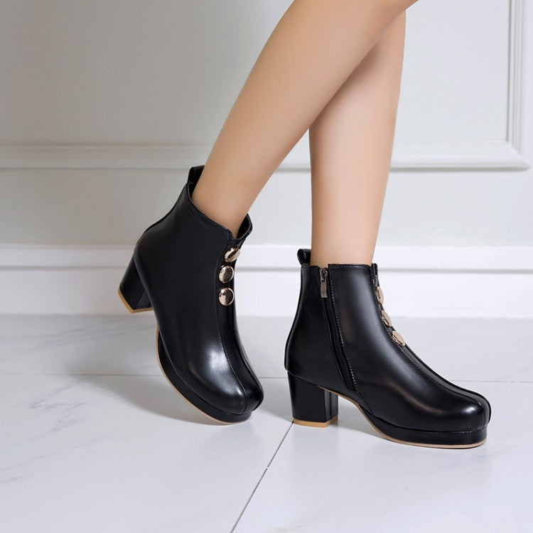 Women Pu Leather Round Toe Stitch Buttons Side Zippers Block Chunky Heel Platform Ankle Boots