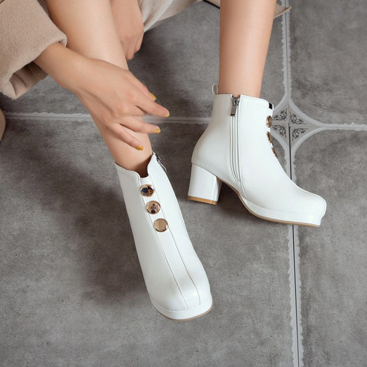 Women Pu Leather Round Toe Stitch Buttons Side Zippers Block Chunky Heel Platform Ankle Boots