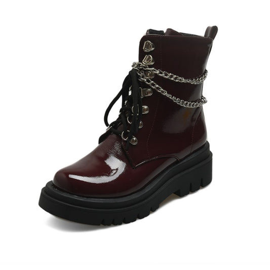 Women Glossy Lace Up Metal Chains Flat Platform Short Boots