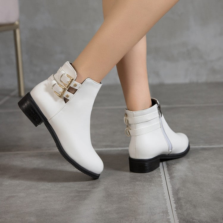 Women Pu Leather Side Zippers Buckle Straps Block Chunky Heel Platform Ankle Boots