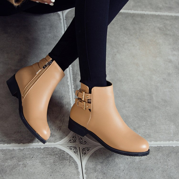 Women Pu Leather Side Zippers Buckle Straps Block Chunky Heel Platform Ankle Boots