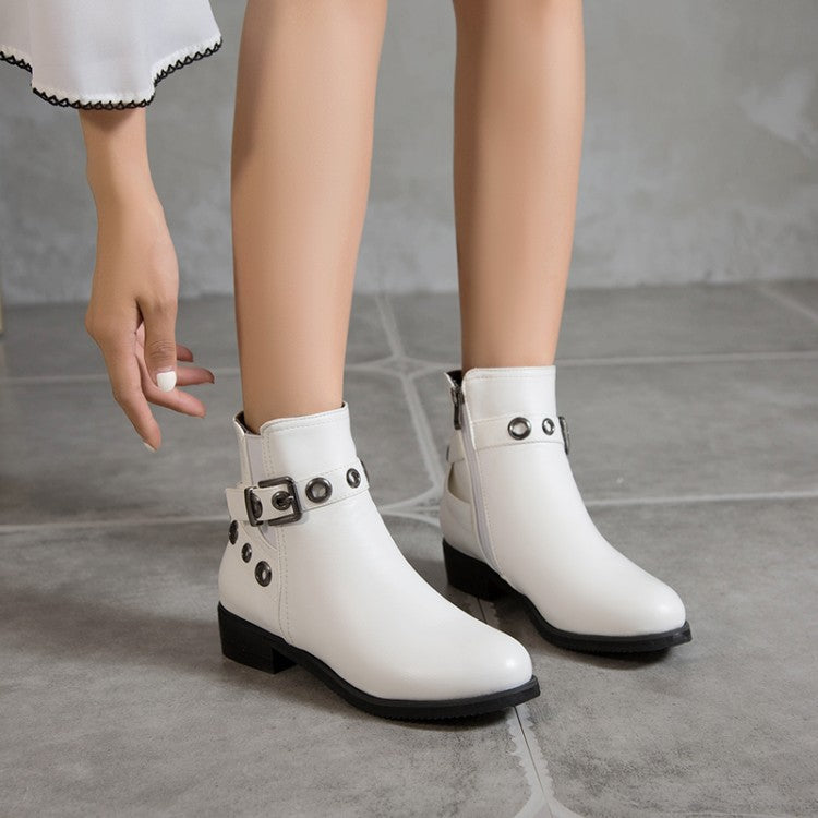 Women Pu Leather Round Toe Metal Buckle Straps Side Zippers Block Chunky Heel Ankle Boots