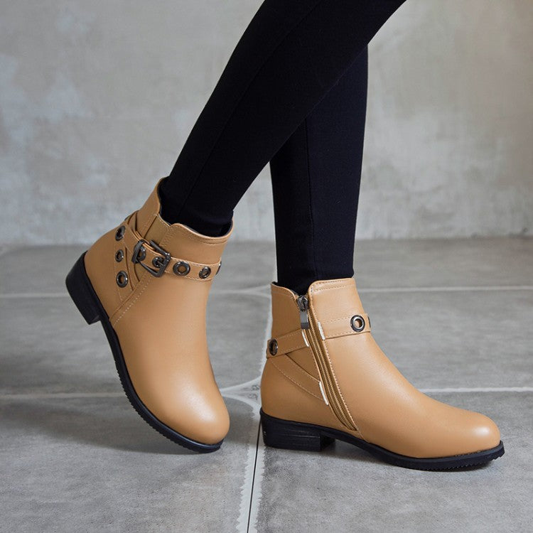 Women Pu Leather Round Toe Metal Buckle Straps Side Zippers Block Chunky Heel Ankle Boots