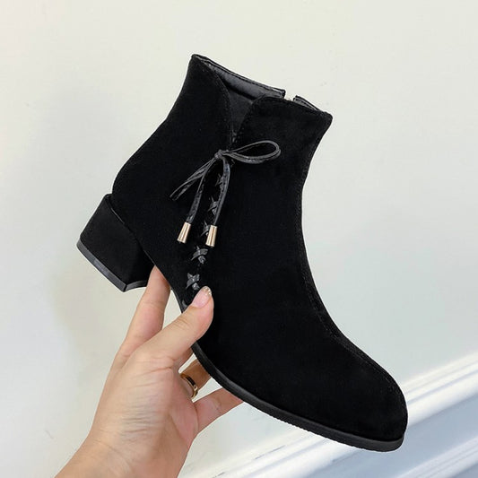 Women Flock Pointed Toe Crossed Tied Straps Block Chunky Heel Short Boots