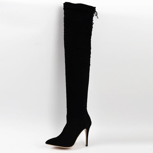 Women Pointed Toe Stiletto Heel Side Zippers Back Tied Over the Knee Boots