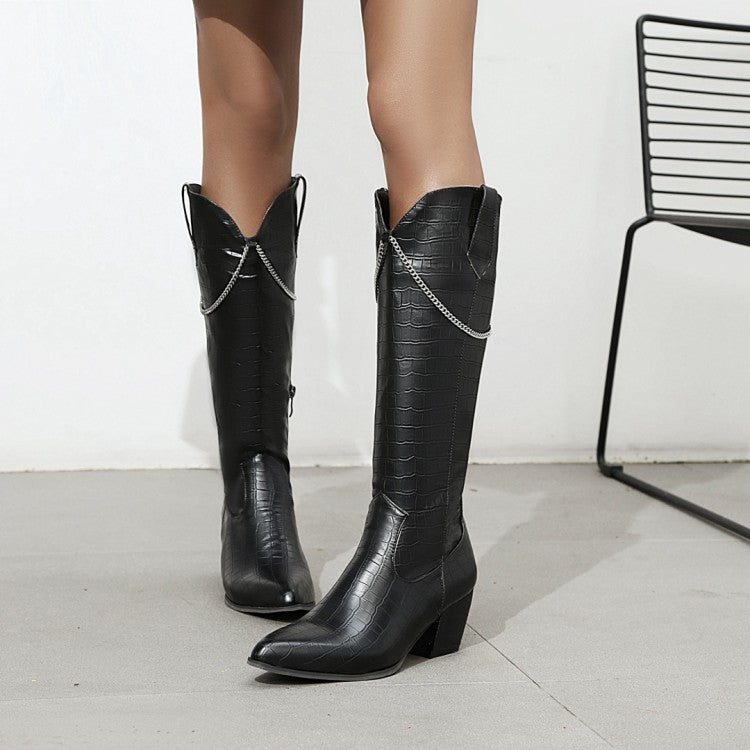 Women Crocodile Pattern Pointed Toe Side Zippers Metal Chains Block Chunky Heel Mid-Calf Boots