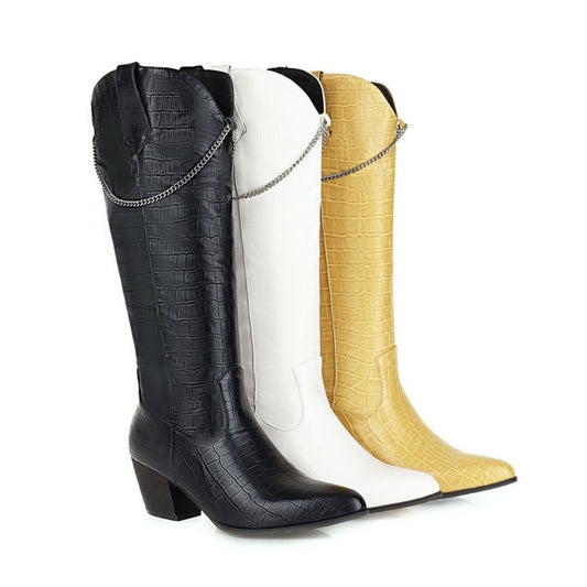 Women Crocodile Pattern Pointed Toe Side Zippers Metal Chains Block Chunky Heel Mid-Calf Boots