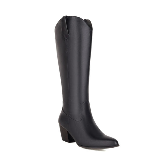 Women Pu Leather Pointed Toe Side Zippers Block Chunky Heel Mid-Calf Boots