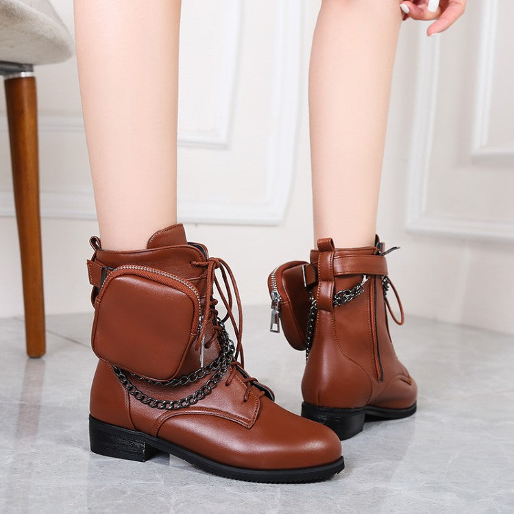Women Pu Leather Round Toe Metal Chains Lace Up Zippers Pocket Block Chunky Heel Ankle Boots