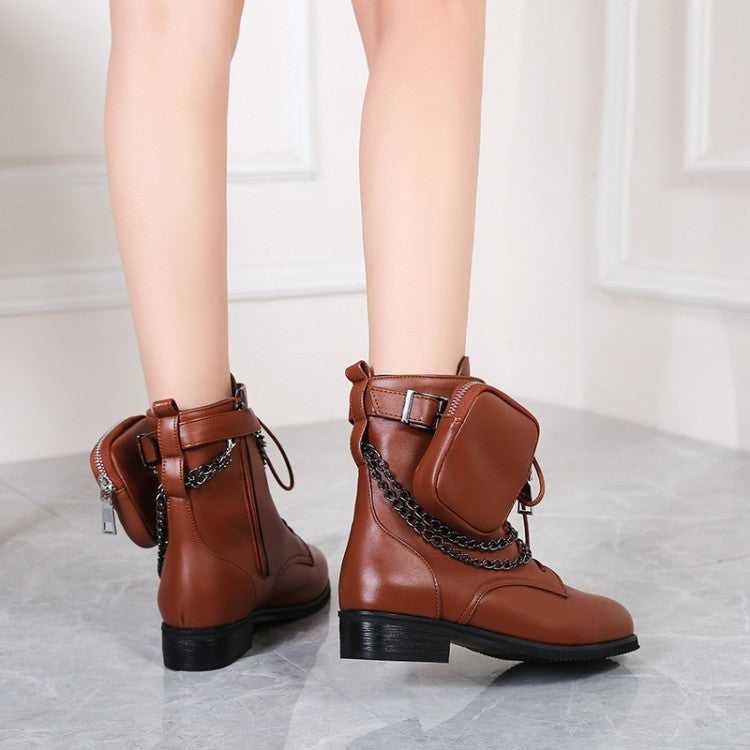Women Pu Leather Round Toe Metal Chains Lace Up Zippers Pocket Block Chunky Heel Ankle Boots
