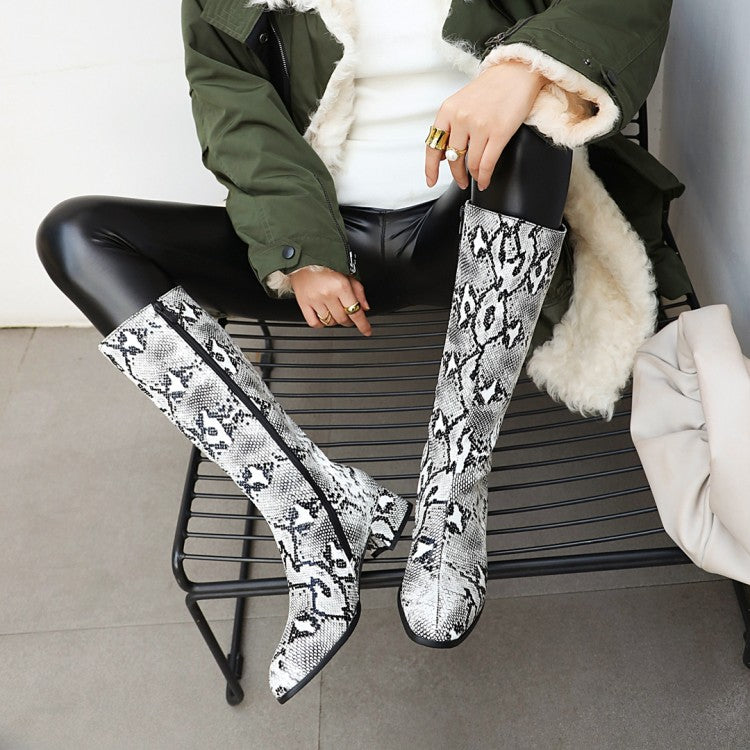Women Snake Printed Pointed Toe Side Zippers Block Chunky Heel Mid-Calf Boots