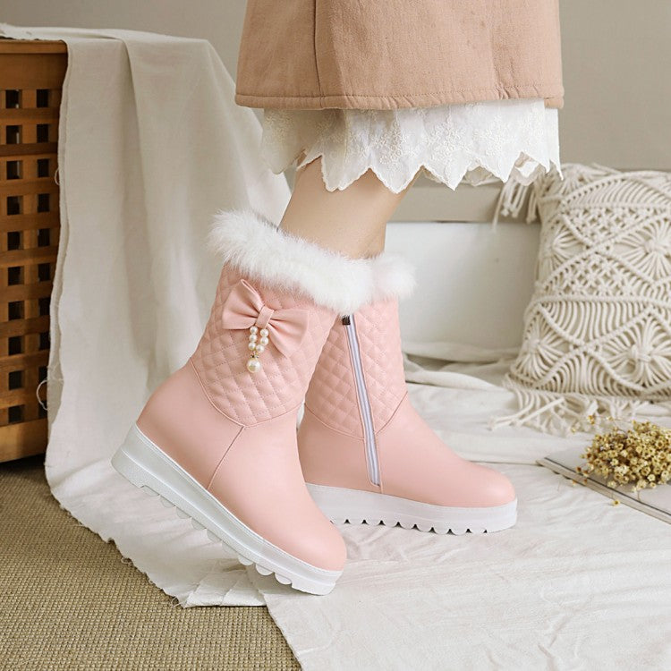Women Pu Leather Round Toe Bow Tie Pearls Furry Platform Wedge Heel Mid-Calf Snow Boots