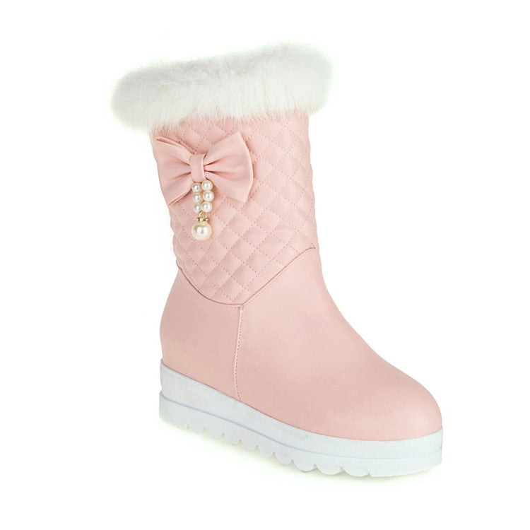 Women Pu Leather Round Toe Bow Tie Pearls Furry Platform Wedge Heel Mid-Calf Snow Boots