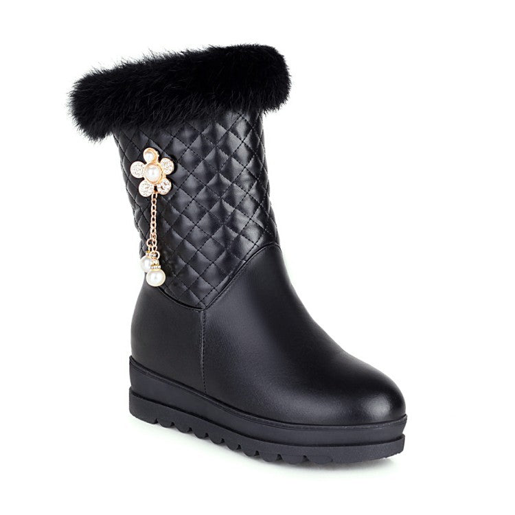 Women Side Zippers Rhinestone Sunflower Platform Wedge Heel Mid-Calf Snow Boots