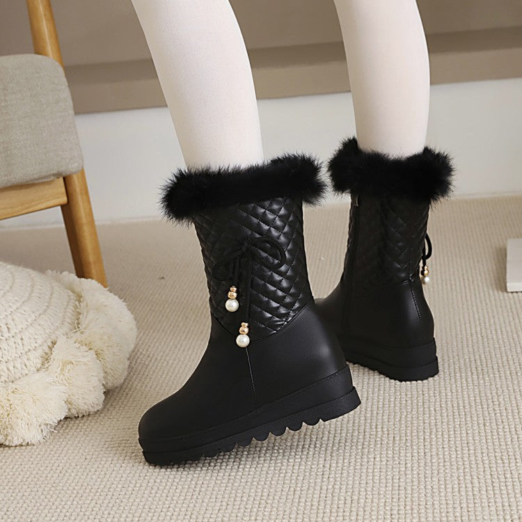 Women Tied Straps Pearls Furry Side Zippers Platform Wedge Mid-Calf Snow Boots