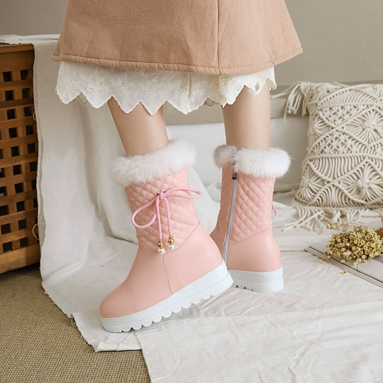 Women Tied Straps Pearls Furry Side Zippers Platform Wedge Mid-Calf Snow Boots