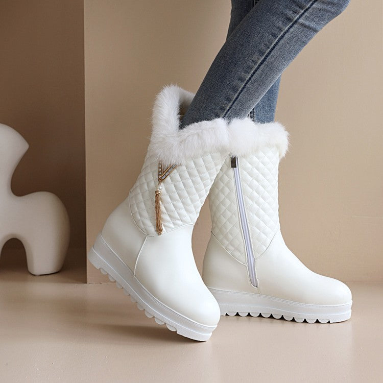 Women Round Toe Pearls Tassel Furry Side Zippers Platform Wedge Heel Mid-Calf Snow Boots