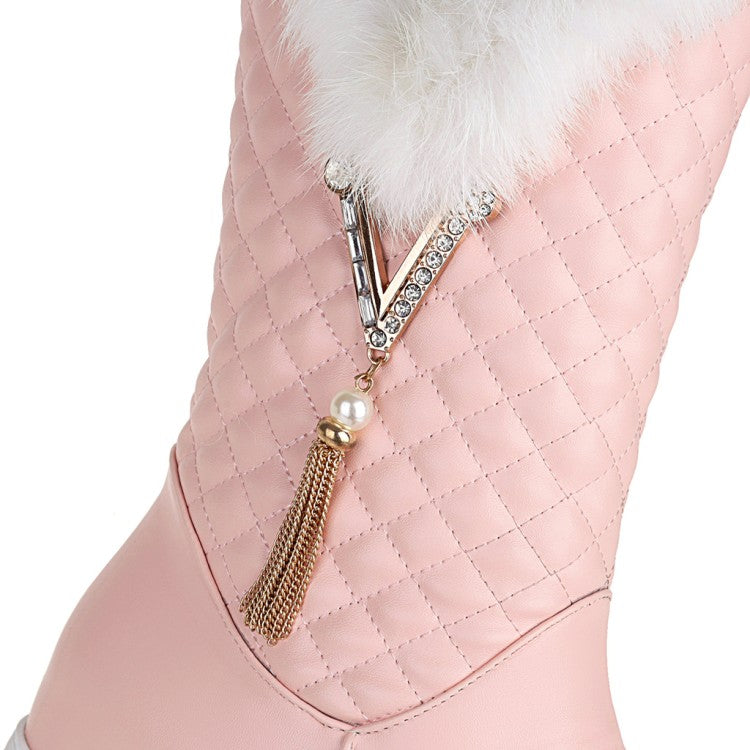 Women Round Toe Pearls Tassel Furry Side Zippers Platform Wedge Heel Mid-Calf Snow Boots