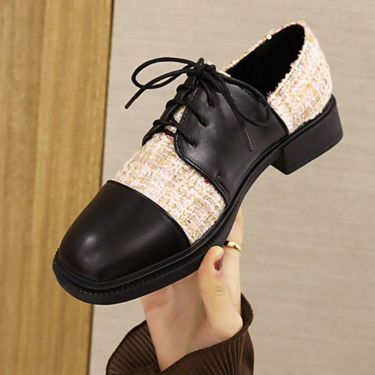 Women Square Toe Lattice Lace-Up Oxford Shoes