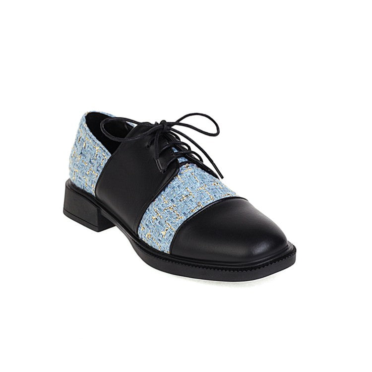 Women Square Toe Lattice Lace-Up Oxford Shoes
