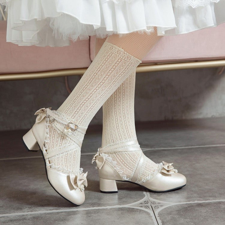 Women Lolita Bowties Block Heel Sandals