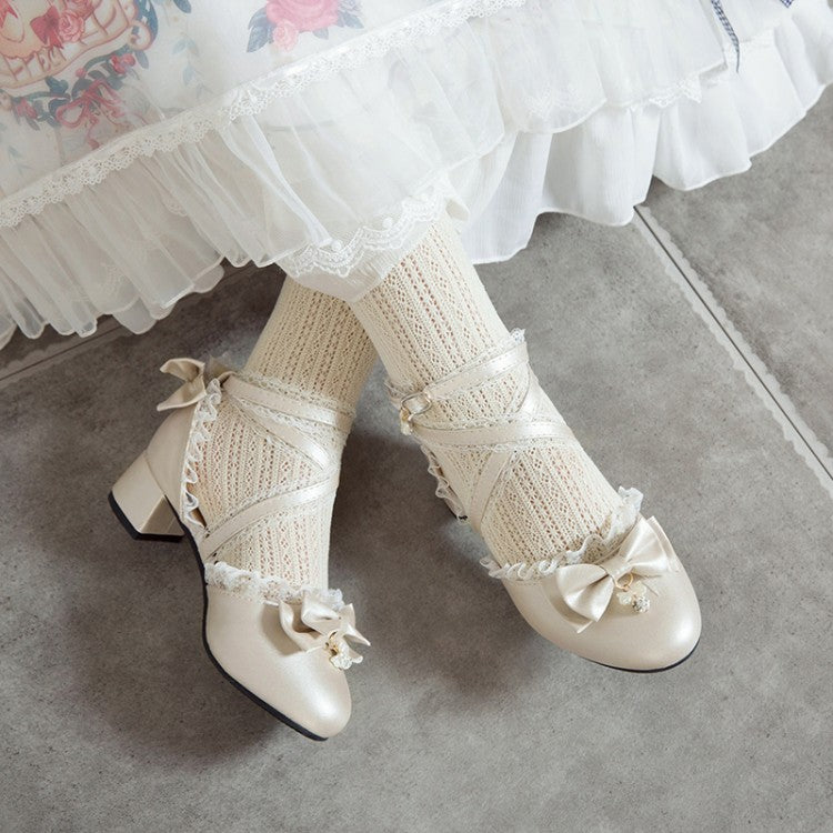 Women Lolita Bowties Block Heel Sandals