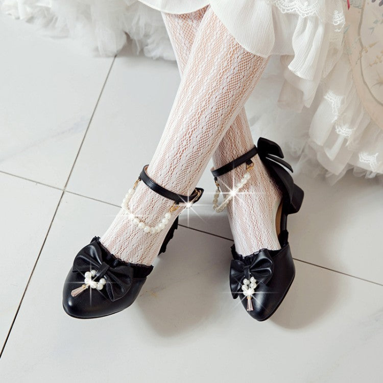 Women Pearls Bow Tie Ankle Strap Block Chunky Heel Sandals