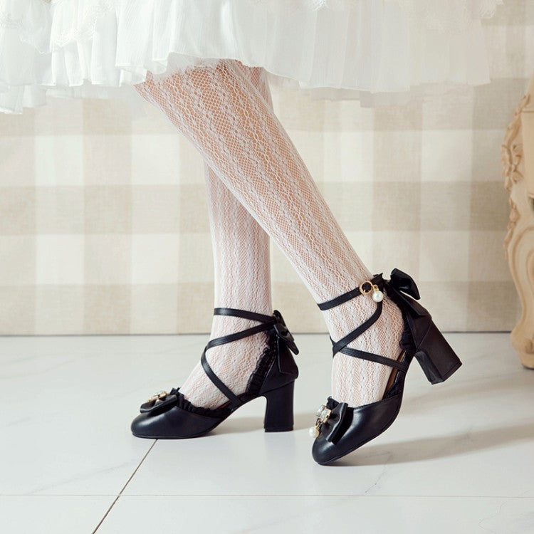 Women Pearls Rhinestone Bow Tie Ankle Strap Block Chunky Heel Sandals