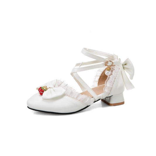 Women Lolita Pointed Toe Lace Bow Tie Ankle Strap Block Heel Sandals