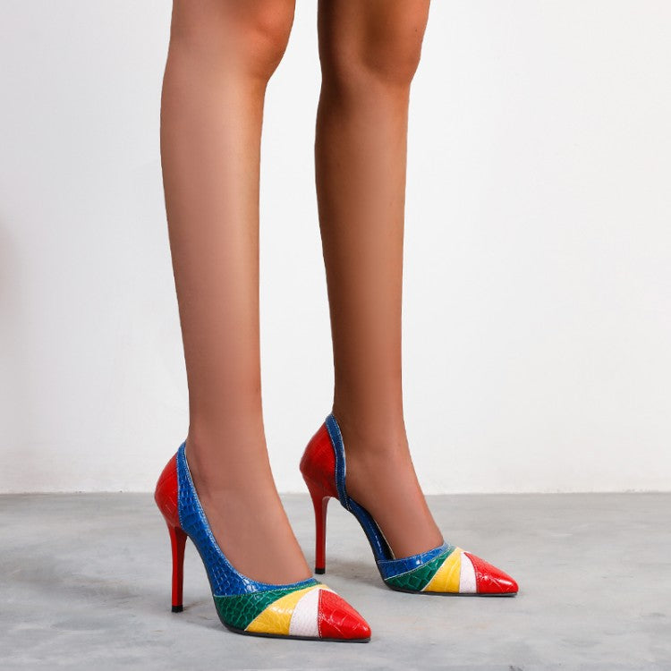 Women Color Blocking Pointed Toe Scarpin Stiletto Heel Pumps