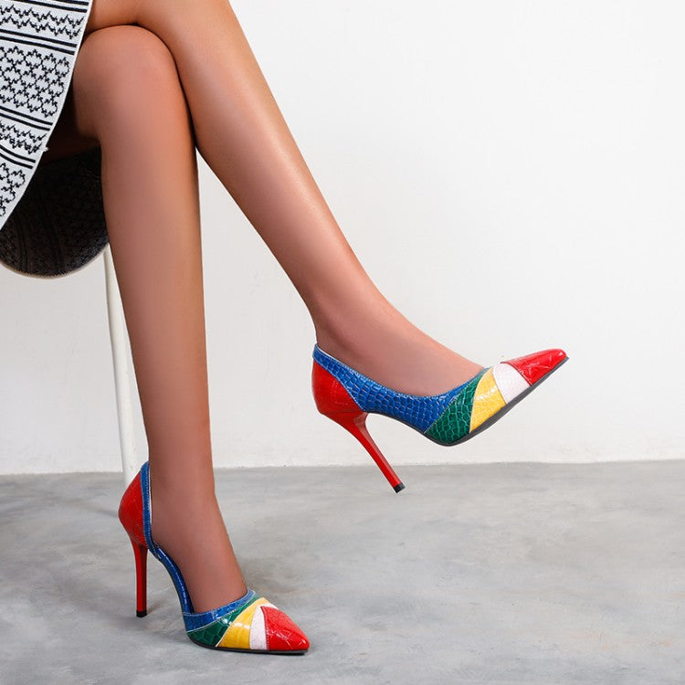 Women Color Blocking Pointed Toe Scarpin Stiletto Heel Pumps