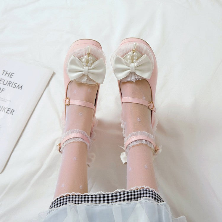 Women Lace Bow Tie Mary Janes Chunky Heel Platform Pumps