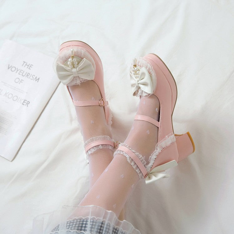 Women Lace Bow Tie Mary Janes Chunky Heel Platform Pumps